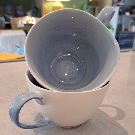 White & Pale Blue Stoneware Mugs x2 - Olive Green